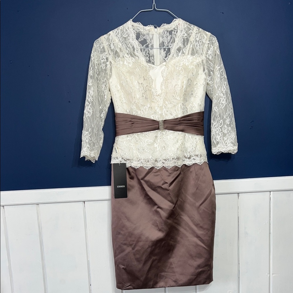 NWT Izidress Elegant ivory / brown, lace & satin special occasion dress sz 2/4